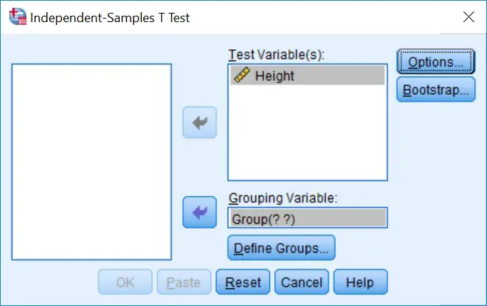 Unpaired t-test options in SPSS