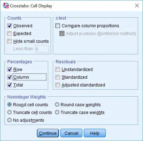 Selecting percentages option in SPSS for a chi-square test