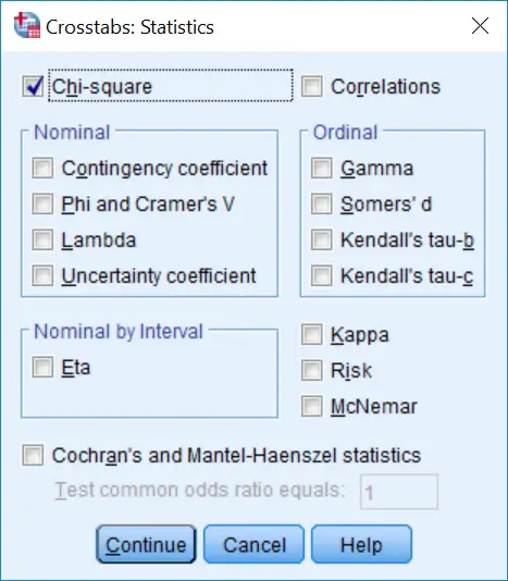 Selecting the chi-square option in SPSS