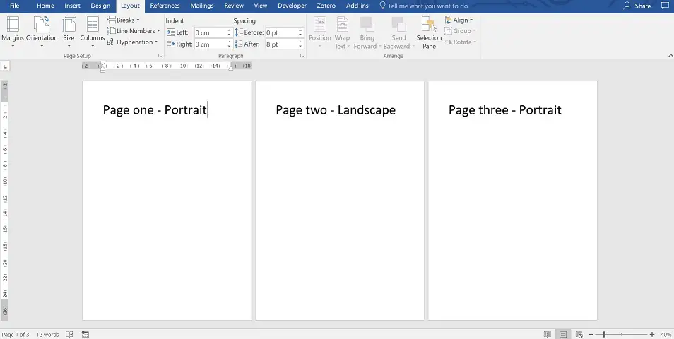 change orientation of one page in word