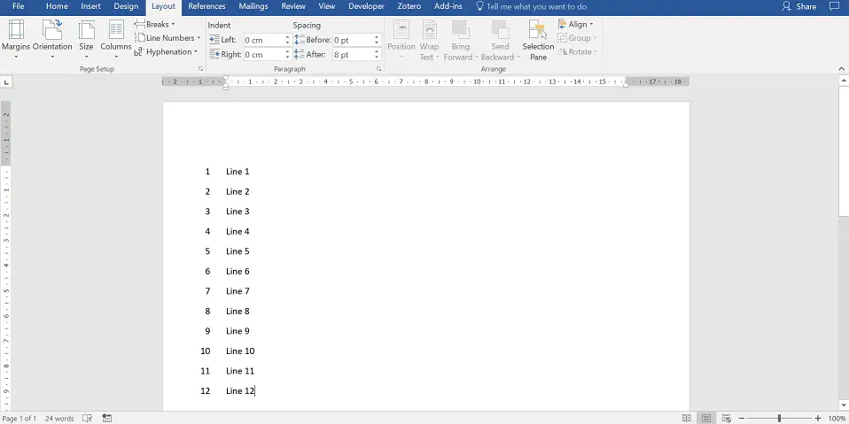 change format of line numbers in word