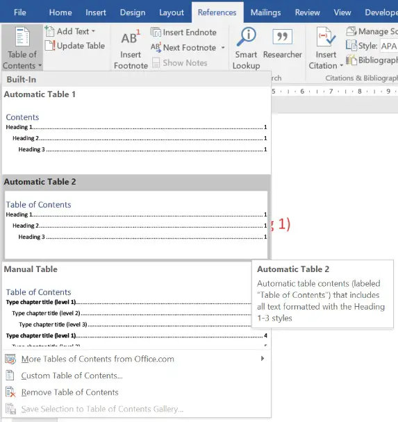 how create table of contents in word 2017