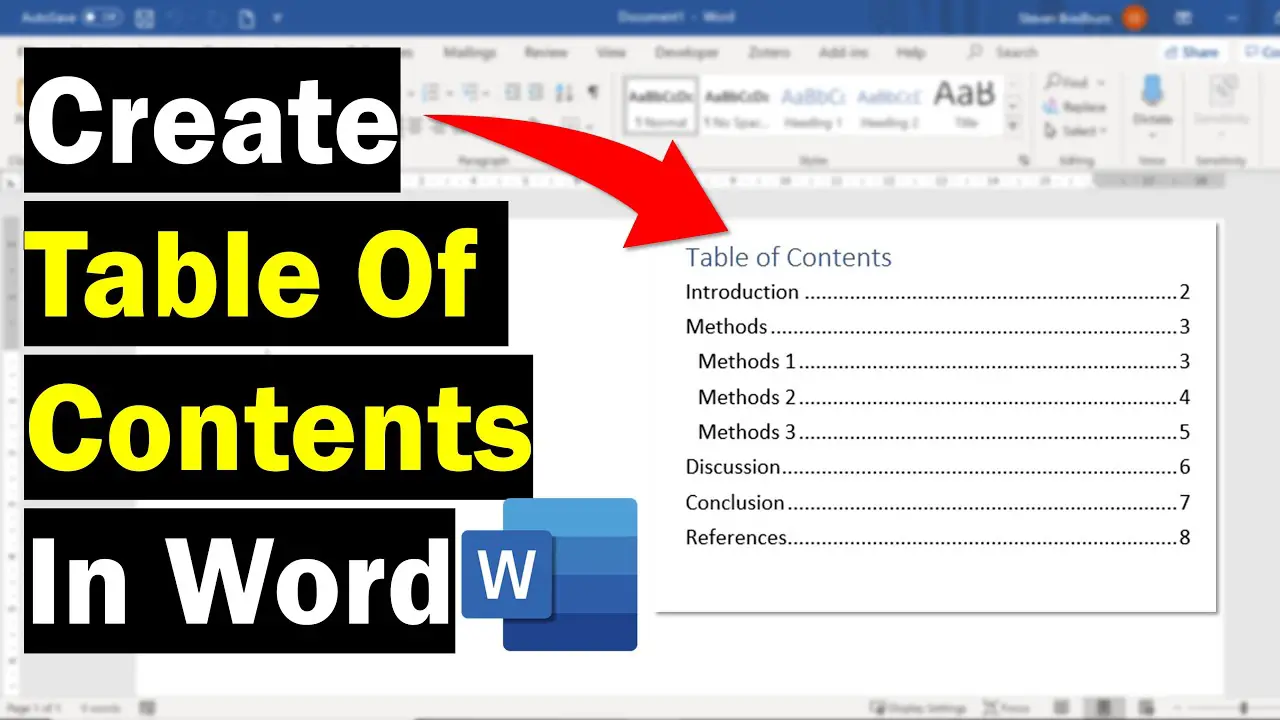 microsoft word table of contents all page 1