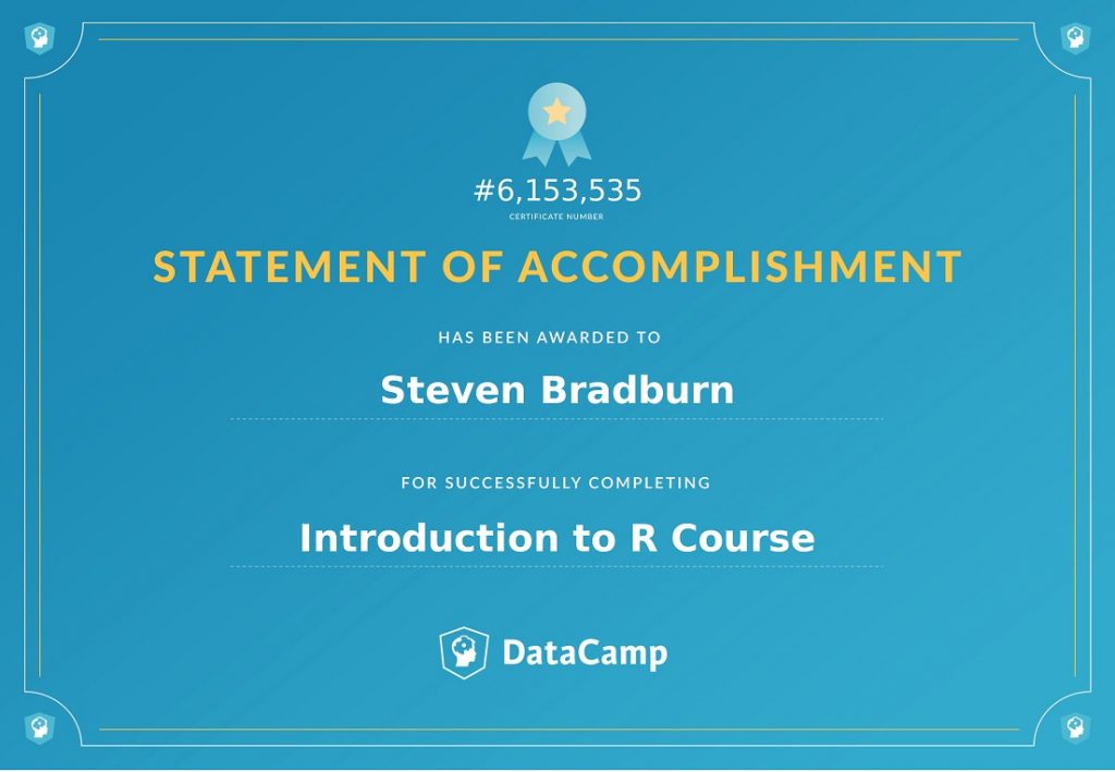Statement of Accomplishment - Introduction to R - DataCamp