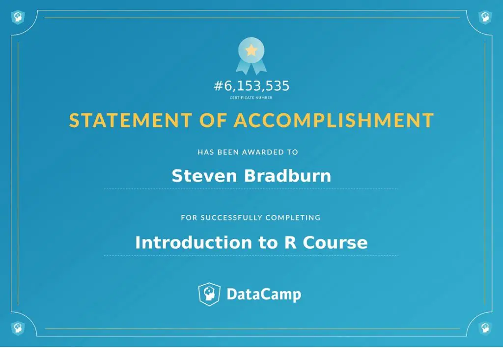 Statement of Accomplishment - Introduction to R - DataCamp