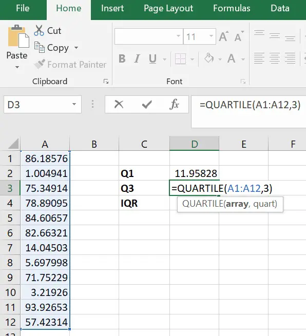 How to calculate Q3 in Excel