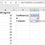 Calculate t statistic from Pearson correlation coefficient in Microsoft Excel