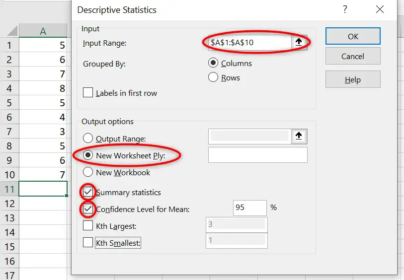 Excel descriptive statistics to calculate the 95% confidence interval