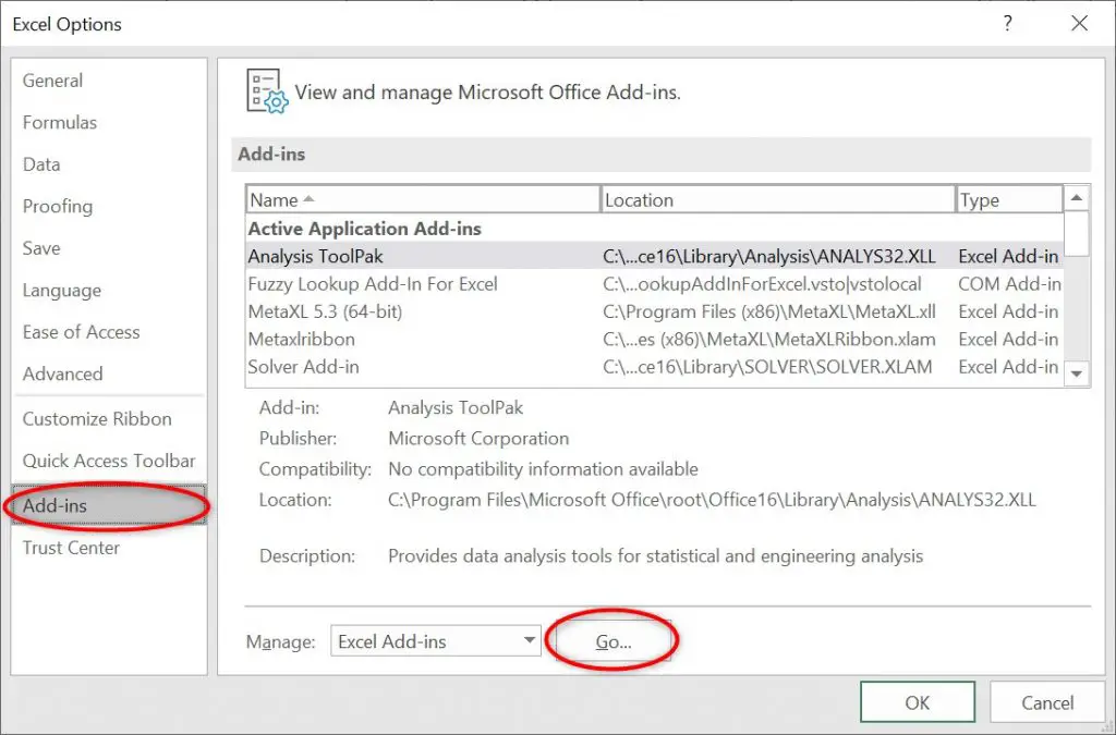 getting excel data analysis add in