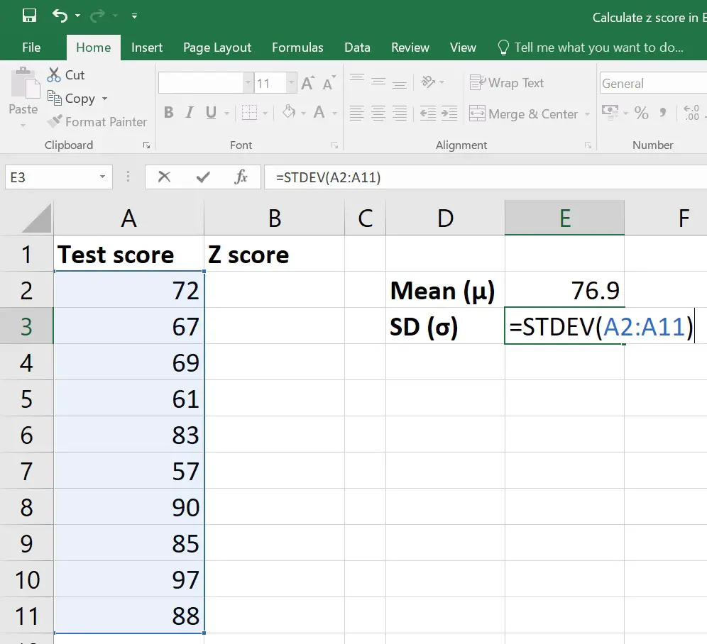 Calculate Z score in Excel standard deviation