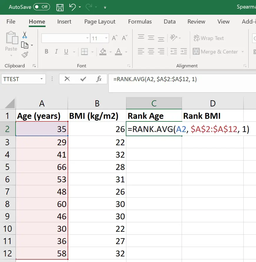 Rank variables in Excel with cells locked