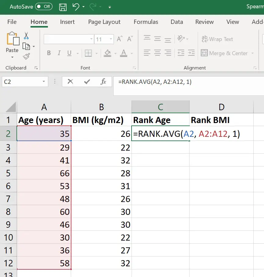 Rank variables in Excel