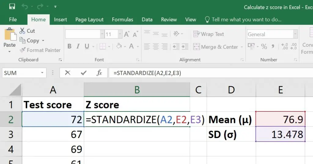 STANDARDIZE formula Excel Z score