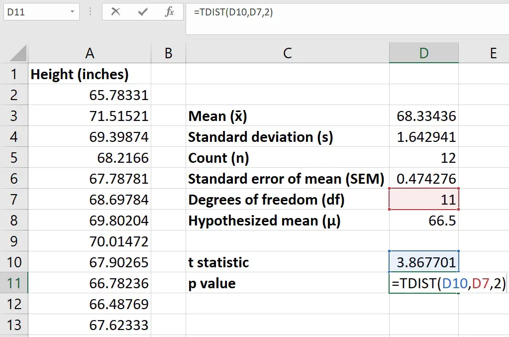 test statistic formula excel