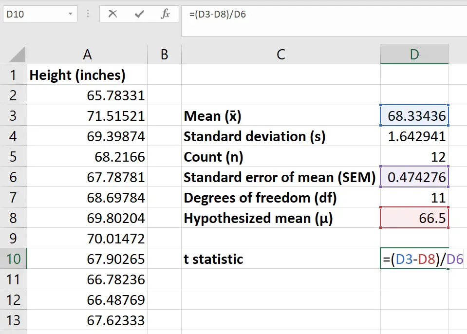 t statistic one-sample T test in Excel