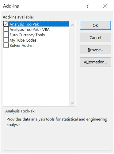 Data Analysis ToolPak add-in in Excel
